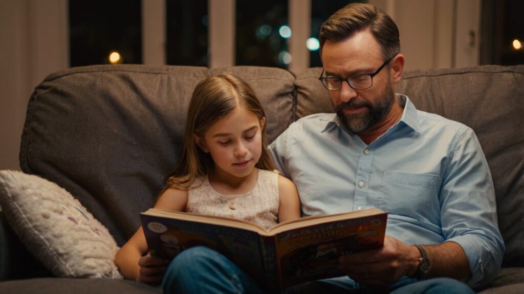 a father and daughter sitting on a sofa reading a picture book