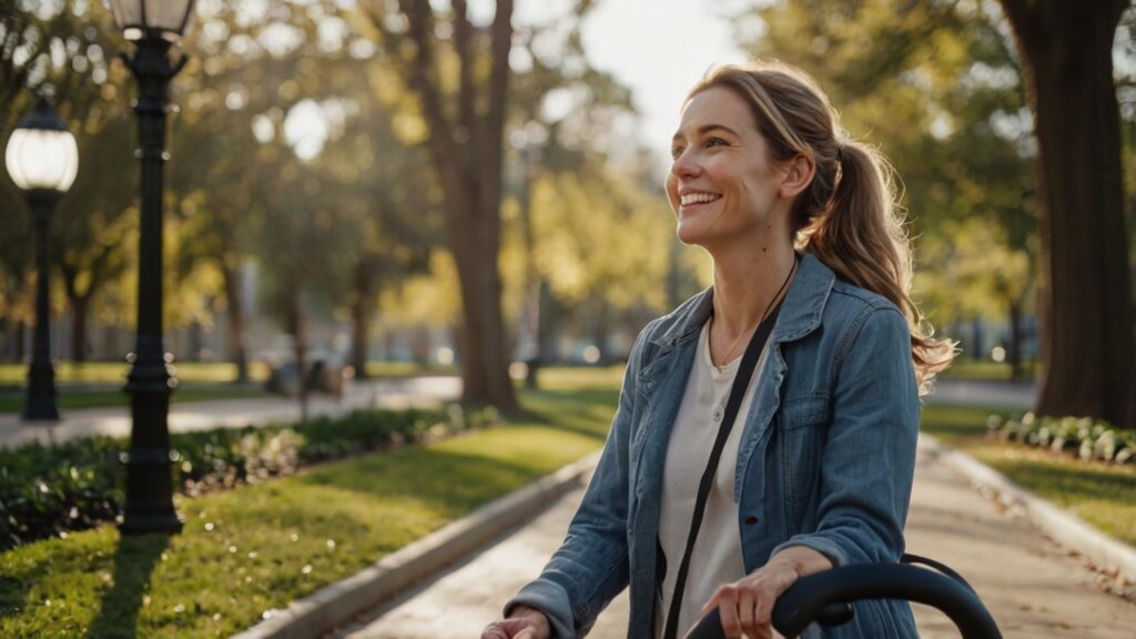 mom with wireless earbuds pushing a stroller in the park while gently smiling and talking on her phone