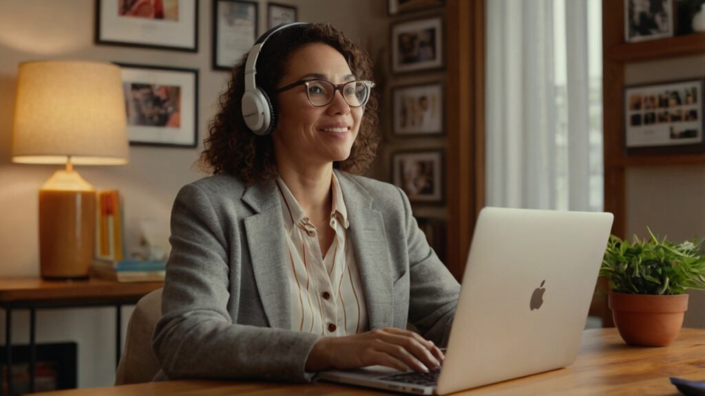 therapist sits at a laptop wearing headphones and speaking warmly on a video call