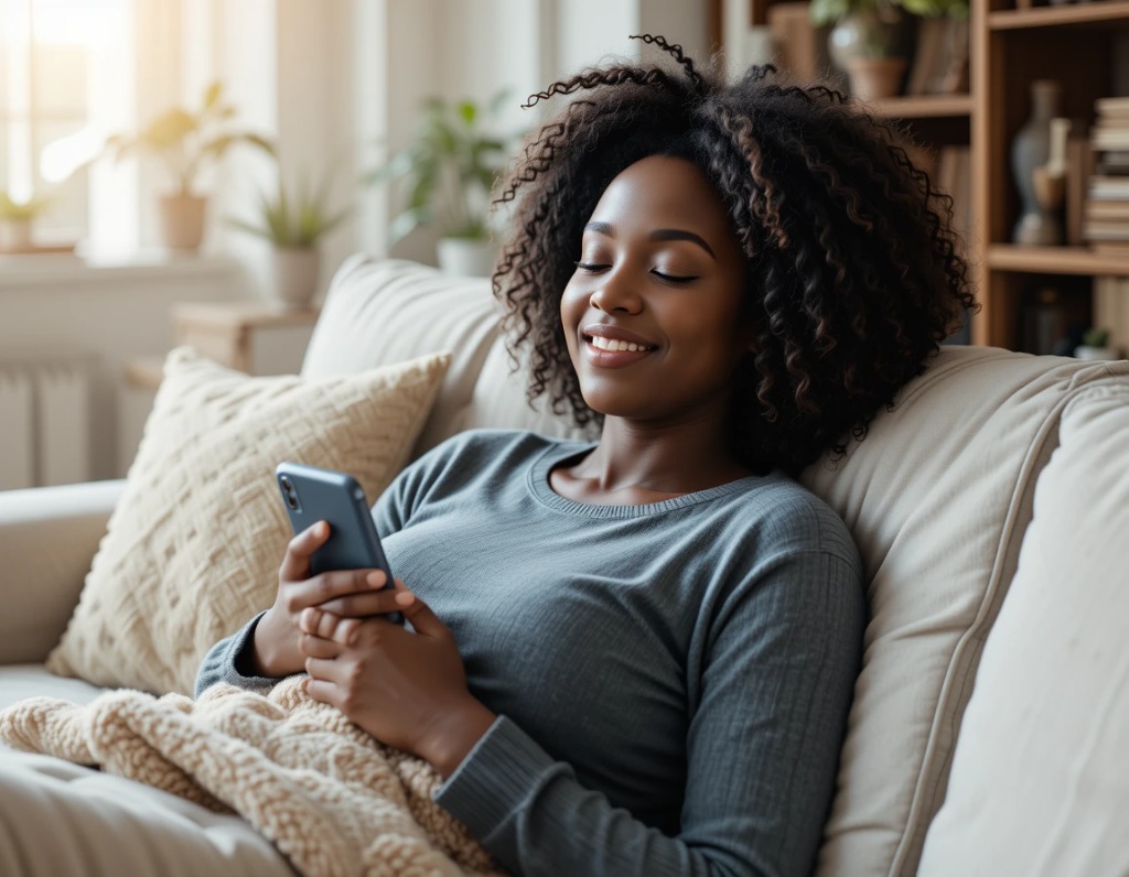 Mother relaxes in her free time by reading articles on MamaMind