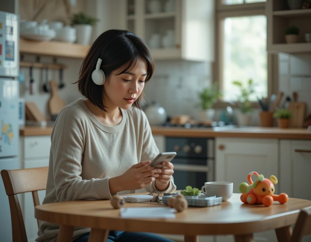 Young mother uses MamaMind AI Mental Health Assistant to read new article during breakfast in her free time