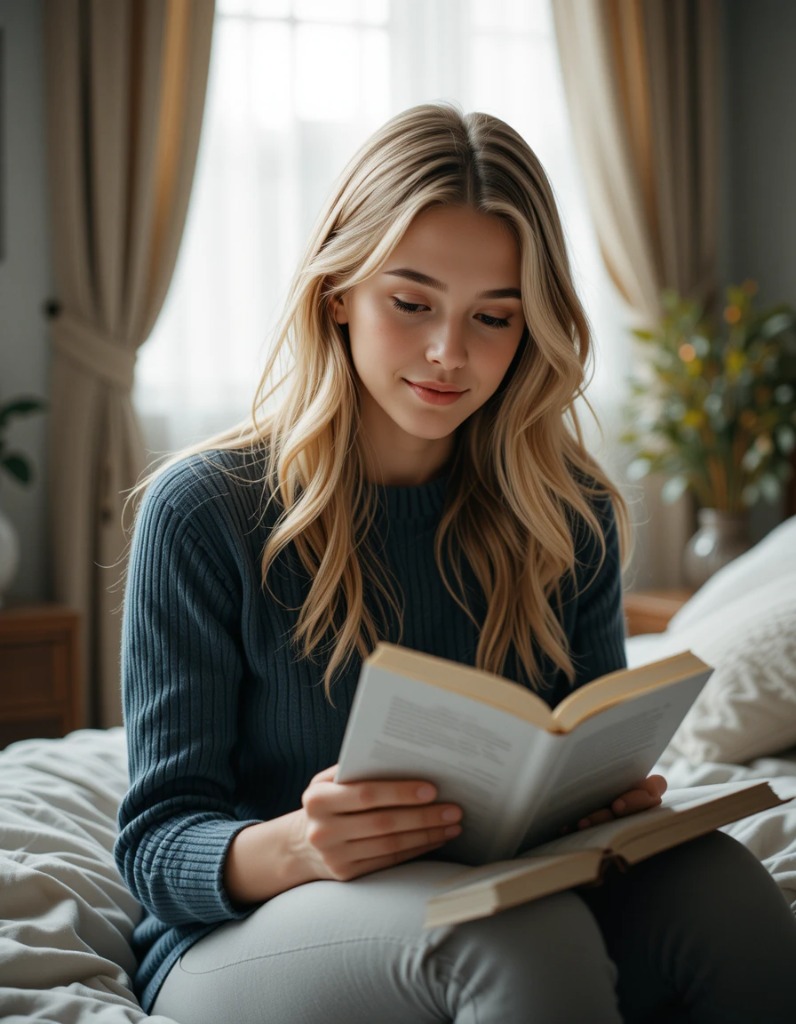 Young mother uses relaxation tips and devotes time to herself by reading a book