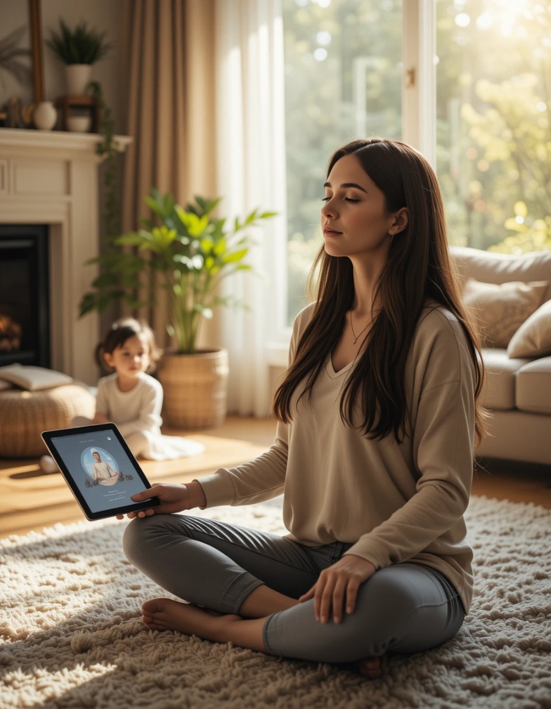 Young mother doing meditation exercise using AI Mental Health Assistant with kid in the room