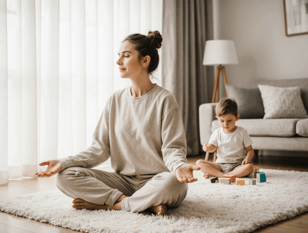 calm mom sitting cross legged on a soft rug in a sunlit living room