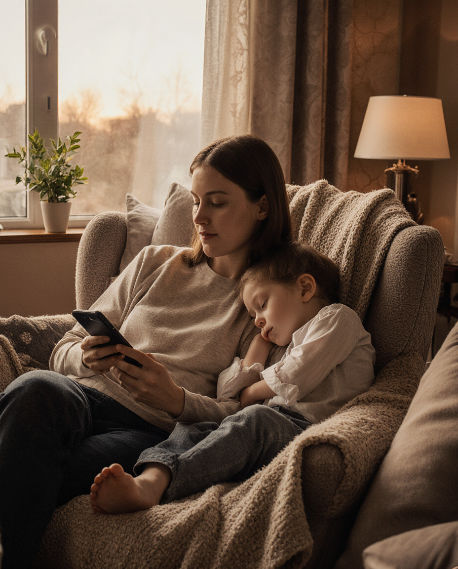 mom with phone reading article on mamamind near sleeping her kid